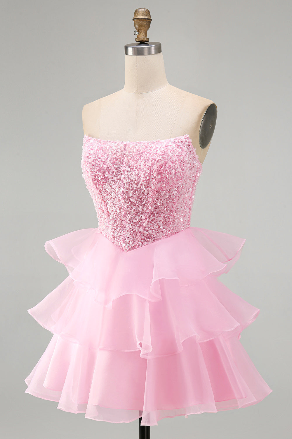Pink A Line Corset Tiered Ruffled Short Homecoming Dress with Pearls