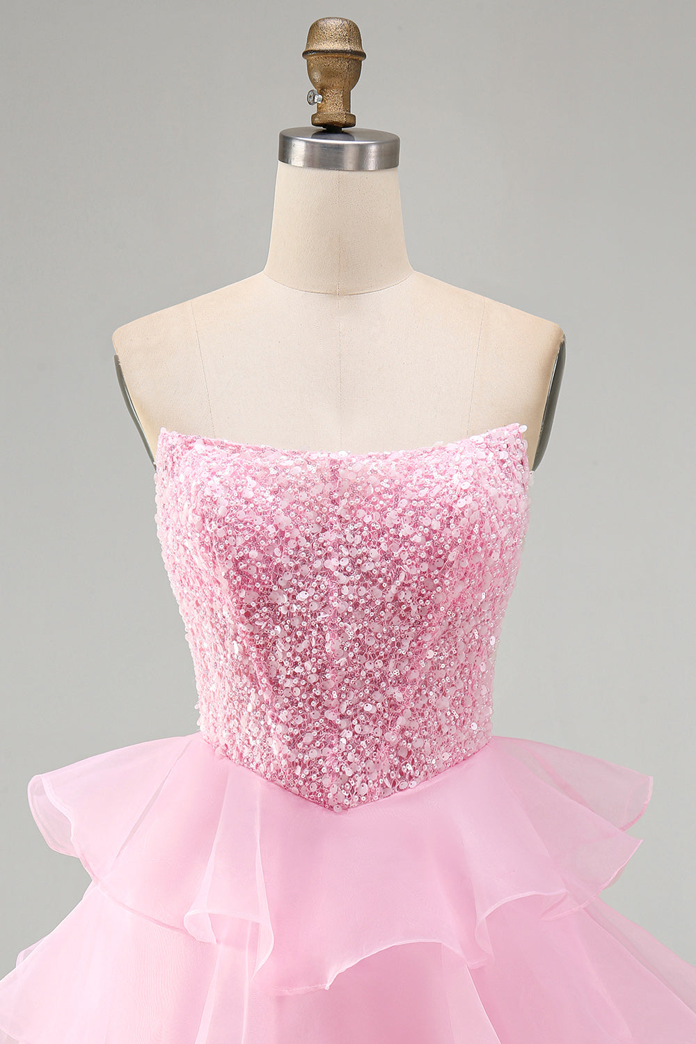 Pink A Line Corset Tiered Ruffled Short Homecoming Dress with Pearls