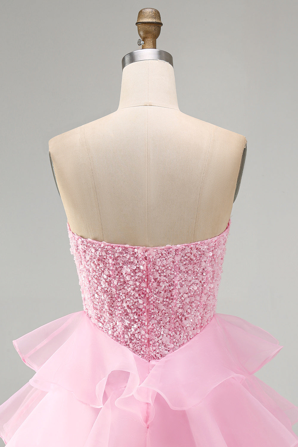 Pink A Line Corset Tiered Ruffled Short Homecoming Dress with Pearls