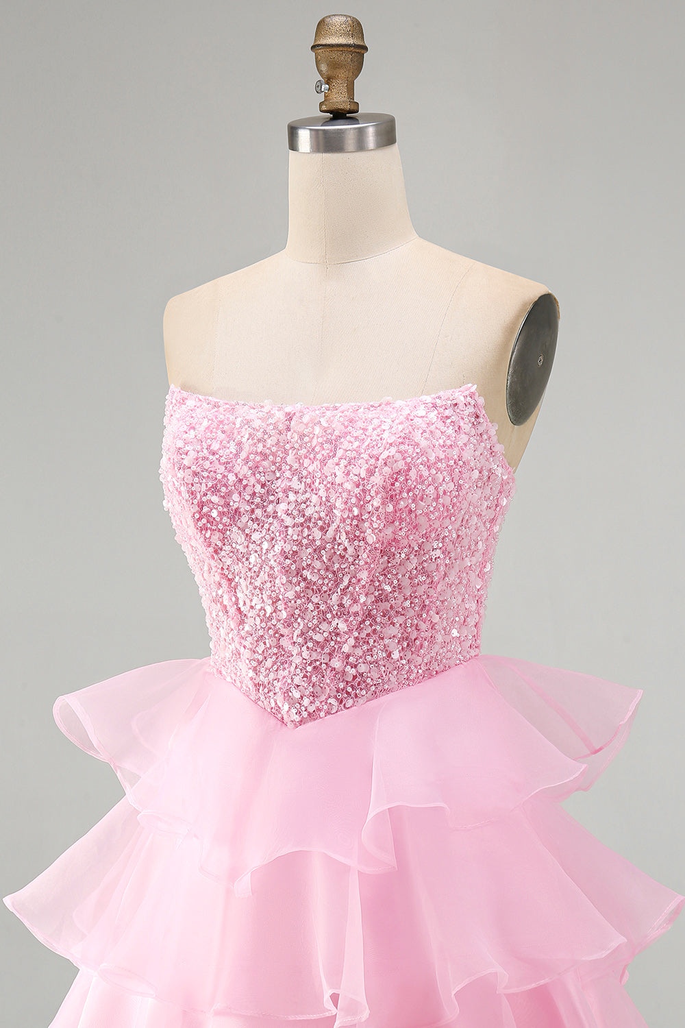 Pink A Line Corset Tiered Ruffled Short Homecoming Dress with Pearls
