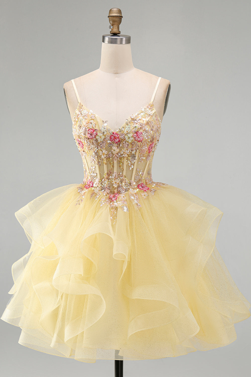 Floral Yellow Beaded V-Neck Ruffled Short Corset Birthday Dress