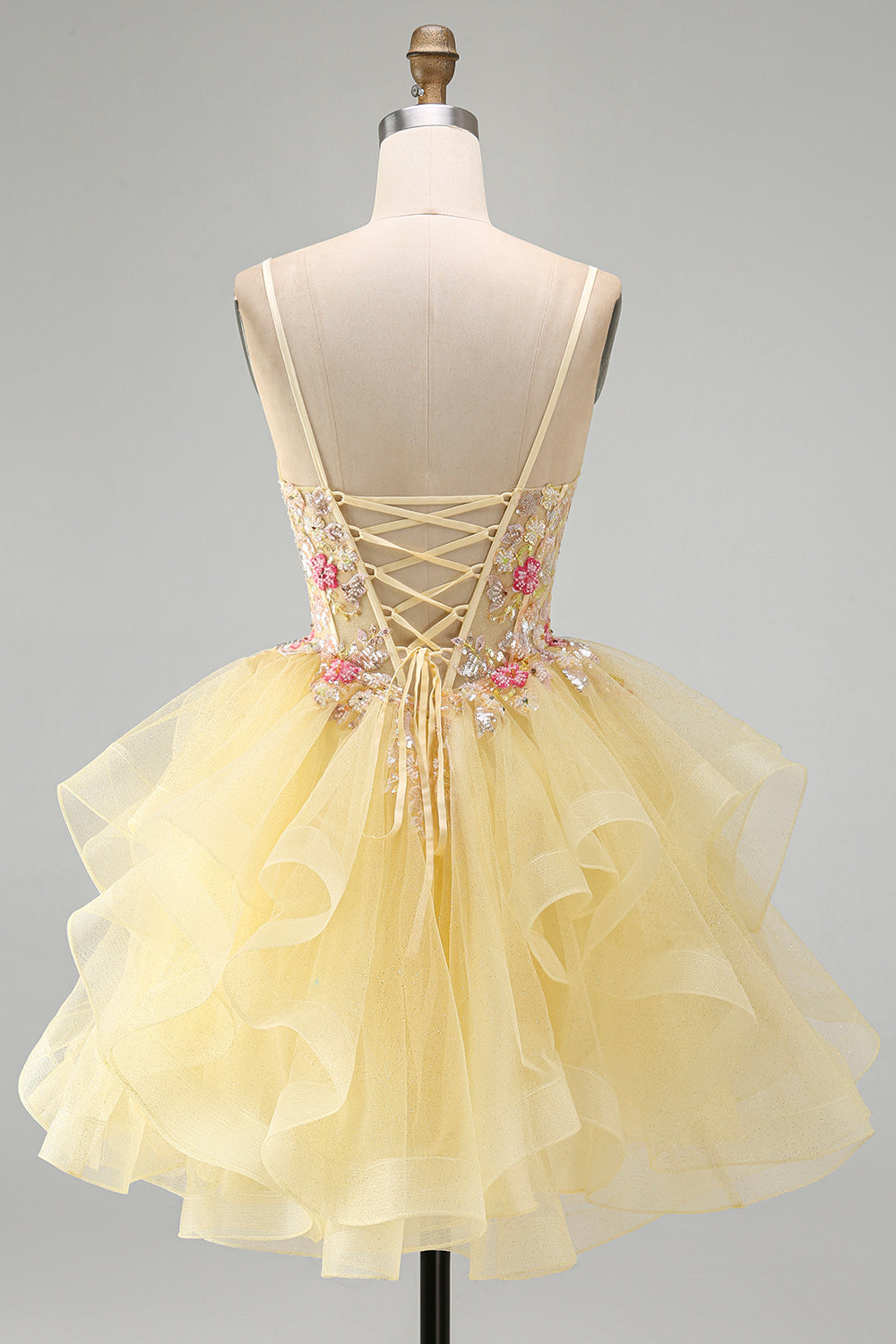 Floral Yellow Beaded V-Neck Ruffled Short Corset Birthday Dress