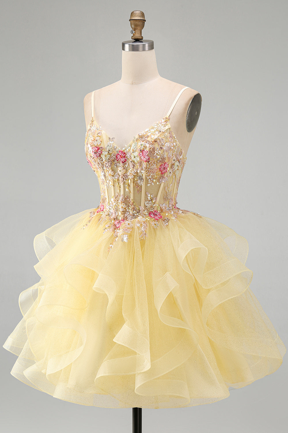 Floral Yellow Beaded V-Neck Ruffled Short Corset Birthday Dress