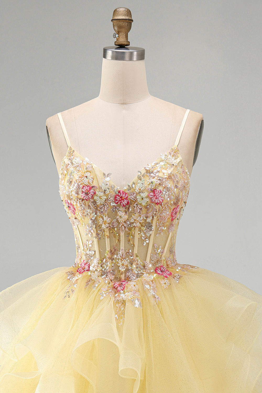 Floral Yellow Beaded V-Neck Ruffled Short Corset Birthday Dress