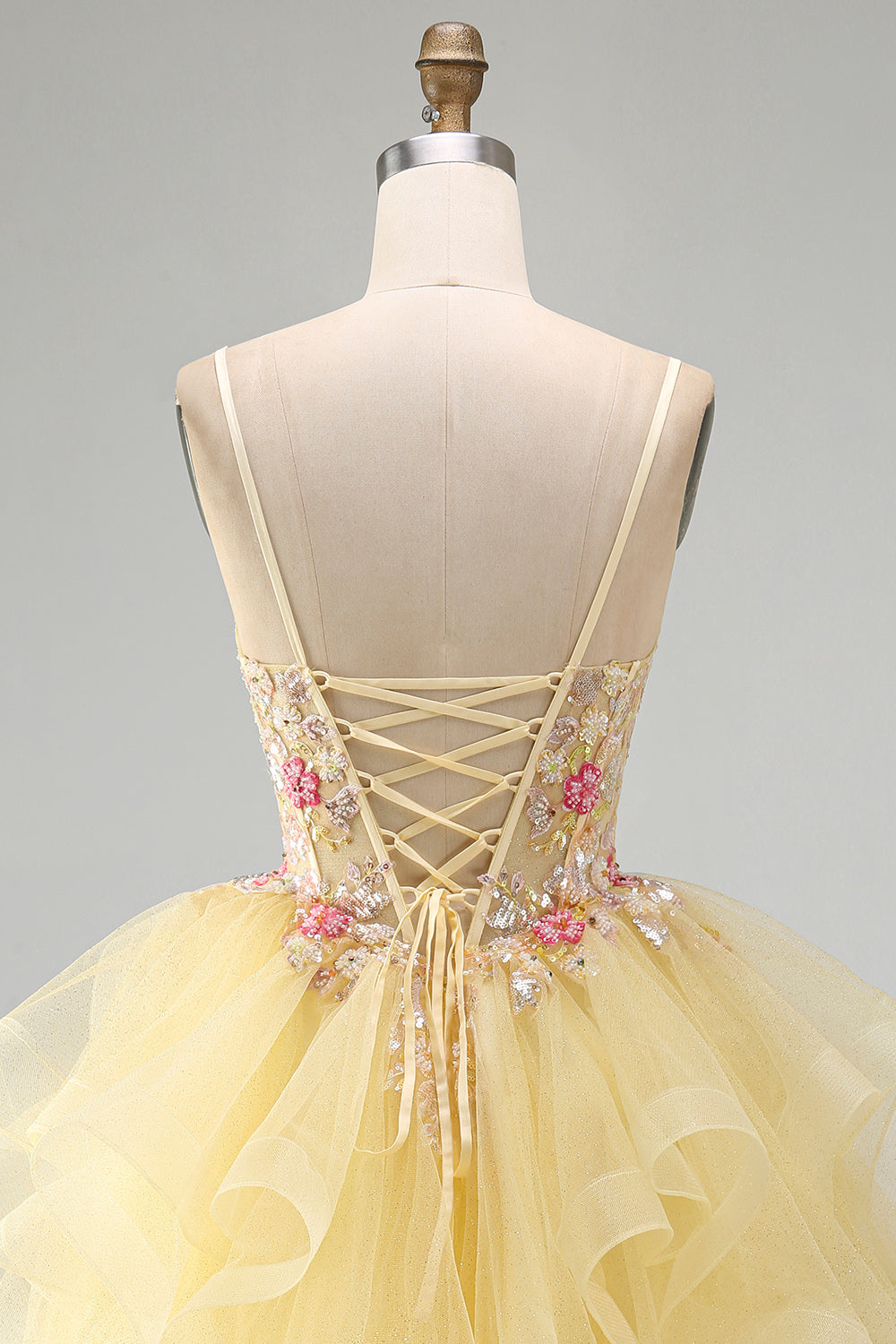 Floral Yellow Beaded V-Neck Ruffled Short Corset Birthday Dress