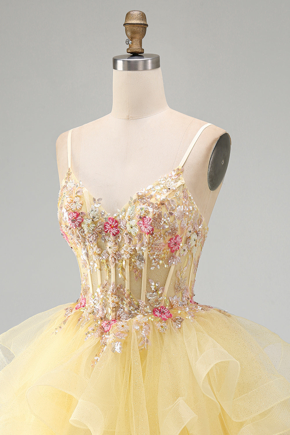 Floral Yellow Beaded V-Neck Ruffled Short Corset Birthday Dress