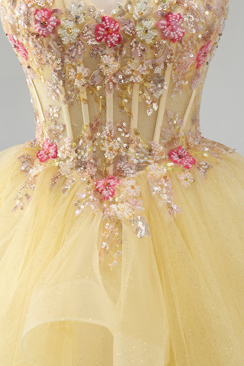 Floral Yellow Beaded V-Neck Ruffled Short Corset Birthday Dress