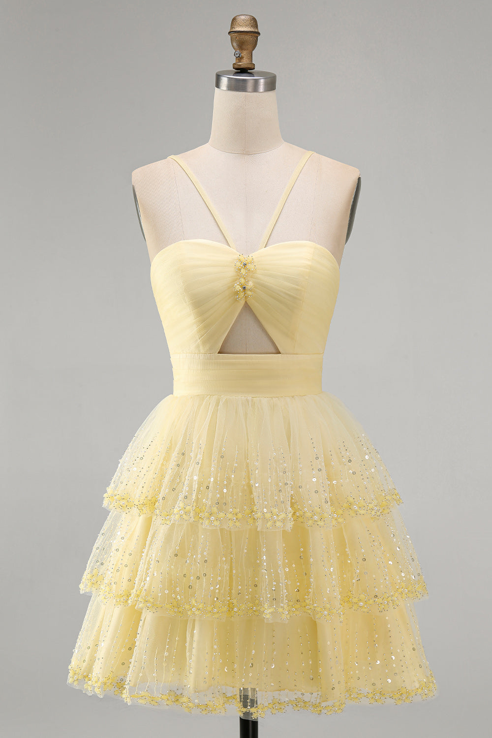 Yellow A Line Tiered Keyhole Short Birthday Dress with Beading