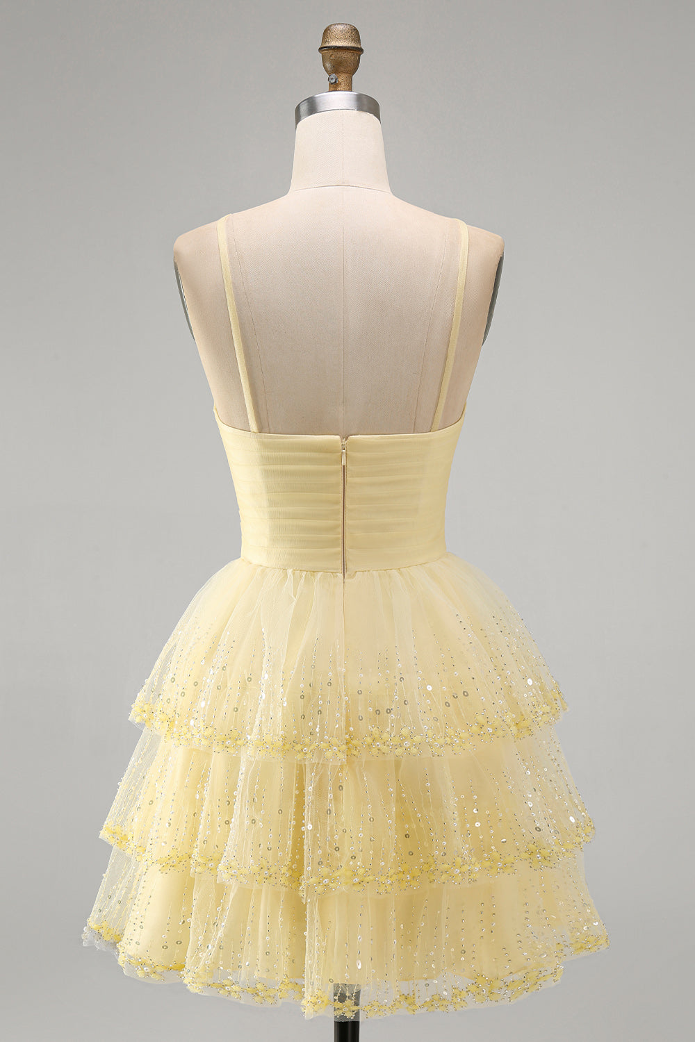 Yellow A Line Tiered Keyhole Short Birthday Dress with Beading