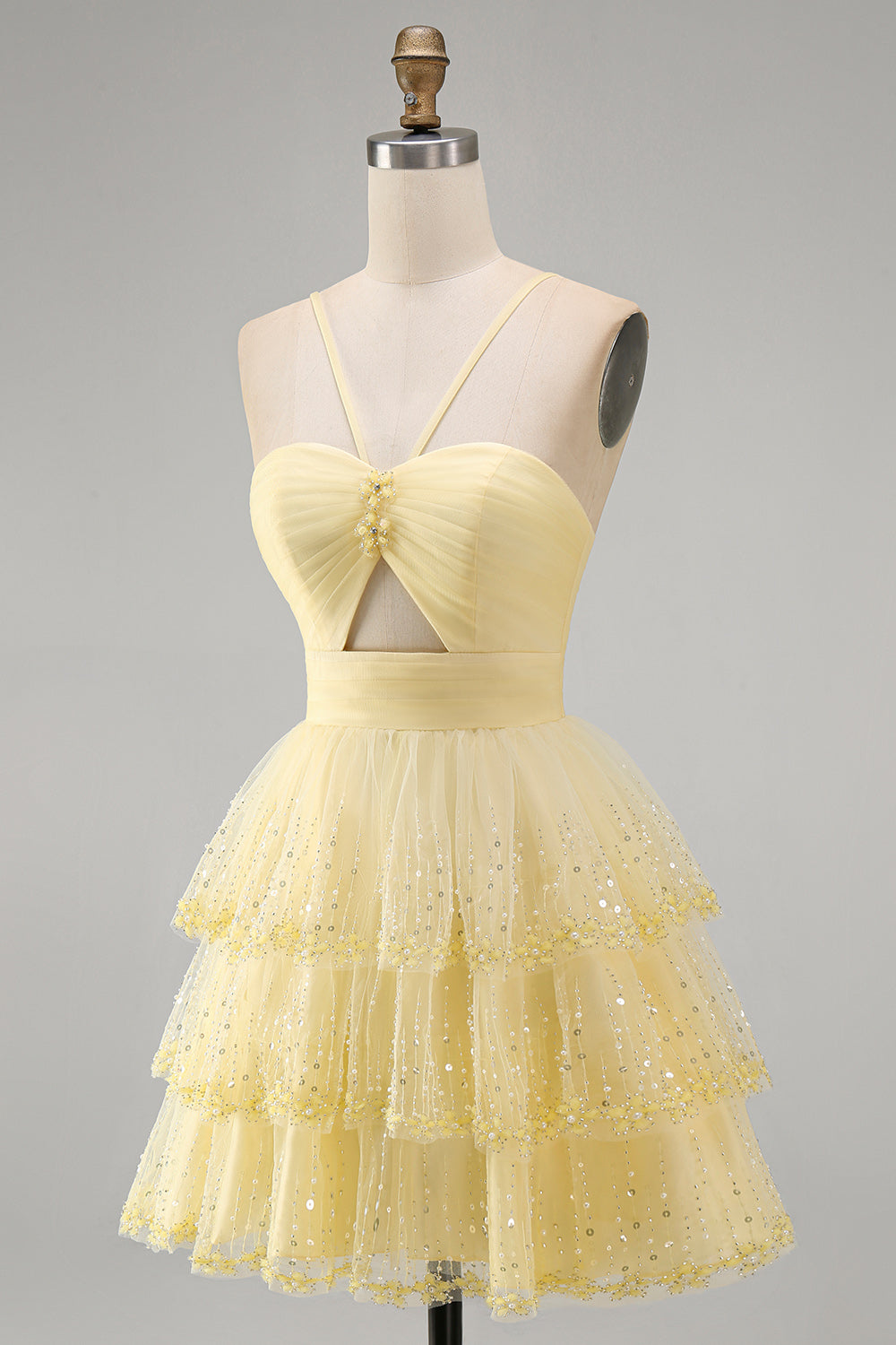 Yellow A Line Tiered Keyhole Short Birthday Dress with Beading