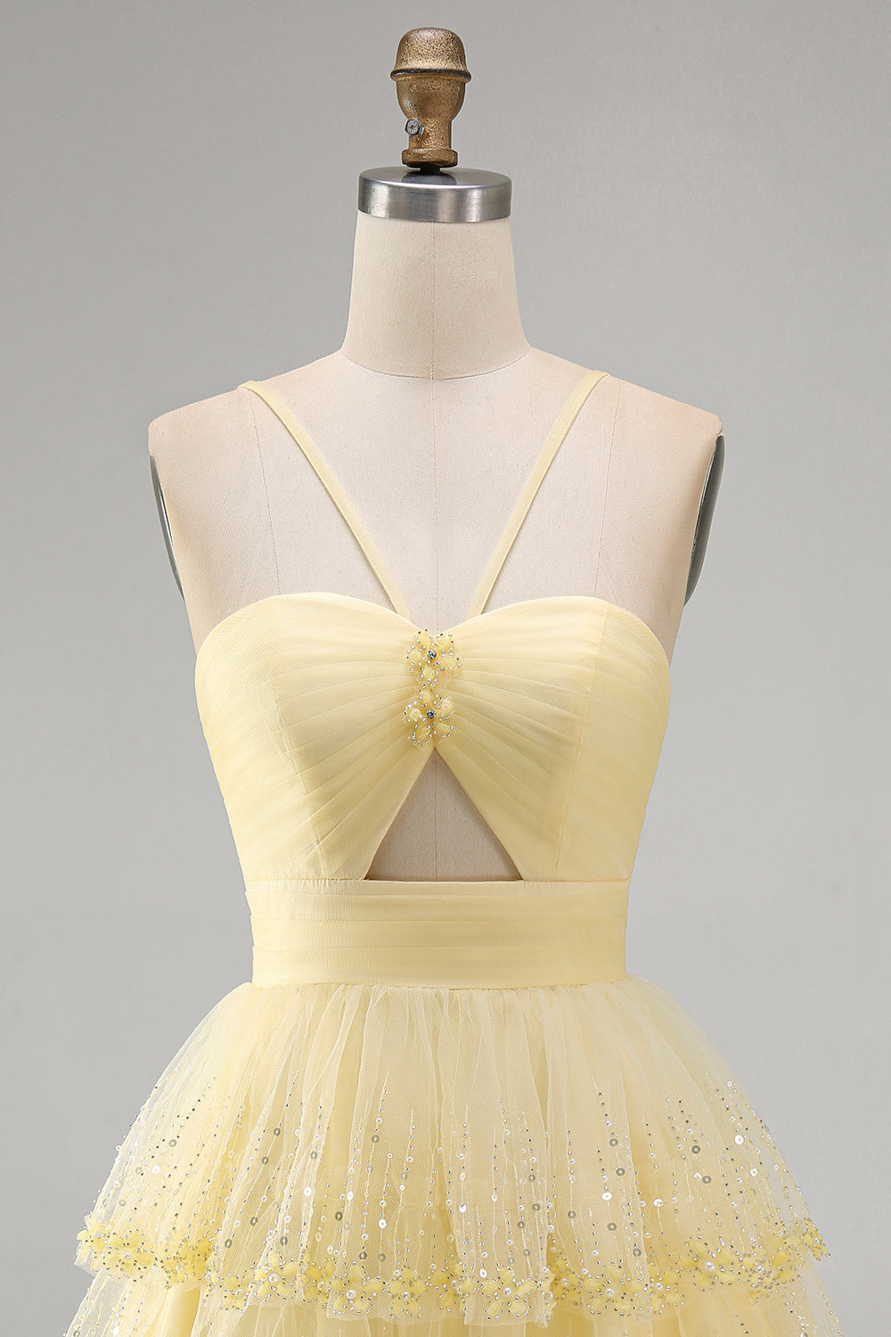 Yellow A Line Tiered Keyhole Short Birthday Dress with Beading