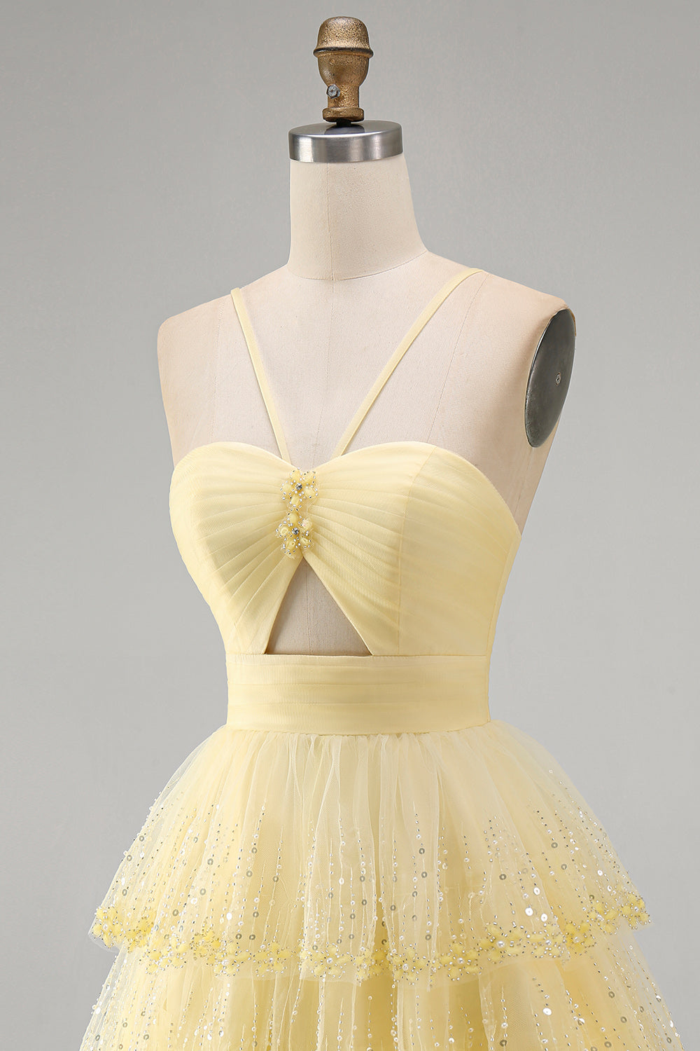 Yellow A Line Tiered Keyhole Short Birthday Dress with Beading