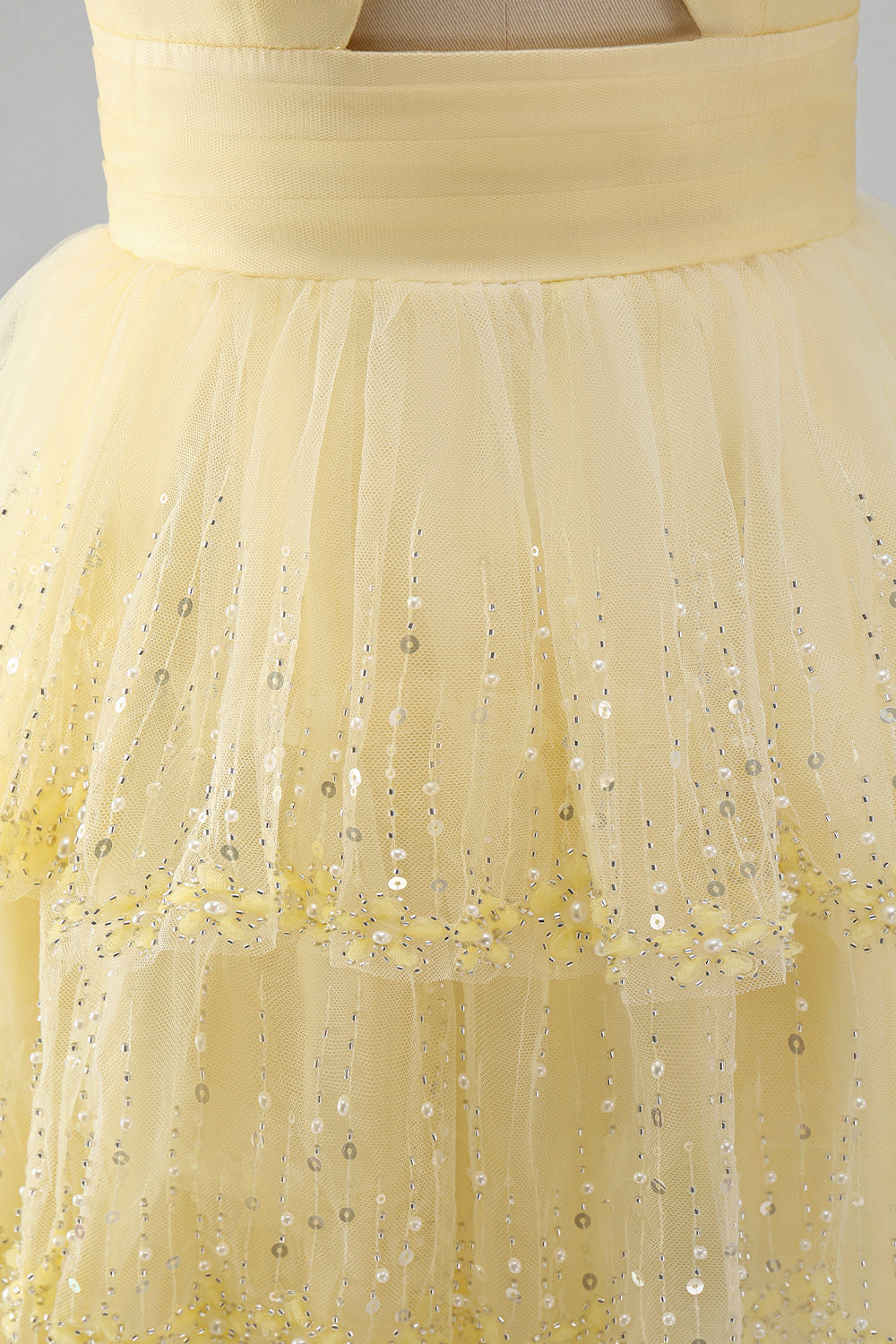 Yellow A Line Tiered Keyhole Short Birthday Dress with Beading
