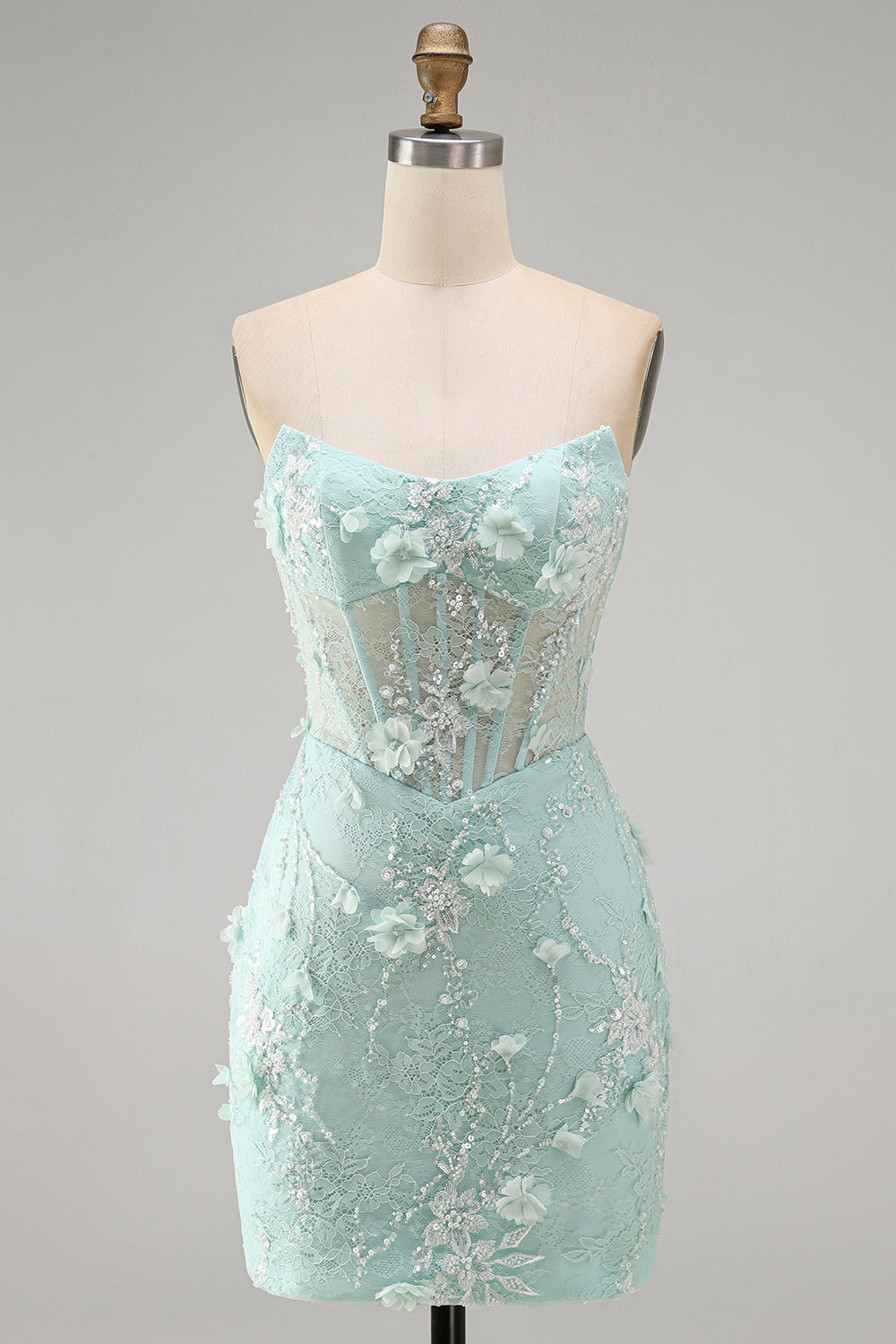 Mint Lace Tight Short Beaded Corset Birthday Dress with 3D Flower