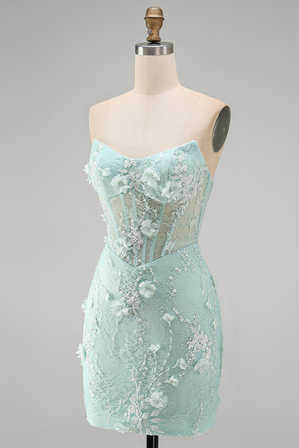 Mint Lace Tight Short Beaded Corset Birthday Dress with 3D Flower