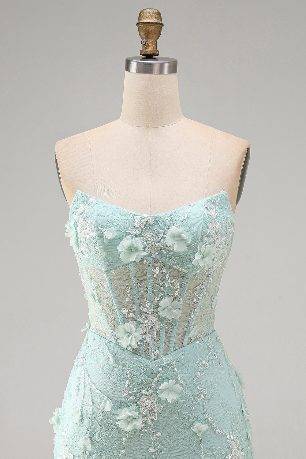 Mint Lace Tight Short Beaded Corset Birthday Dress with 3D Flower