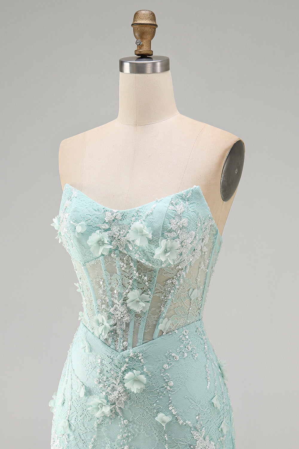 Mint Lace Tight Short Beaded Corset Birthday Dress with 3D Flower