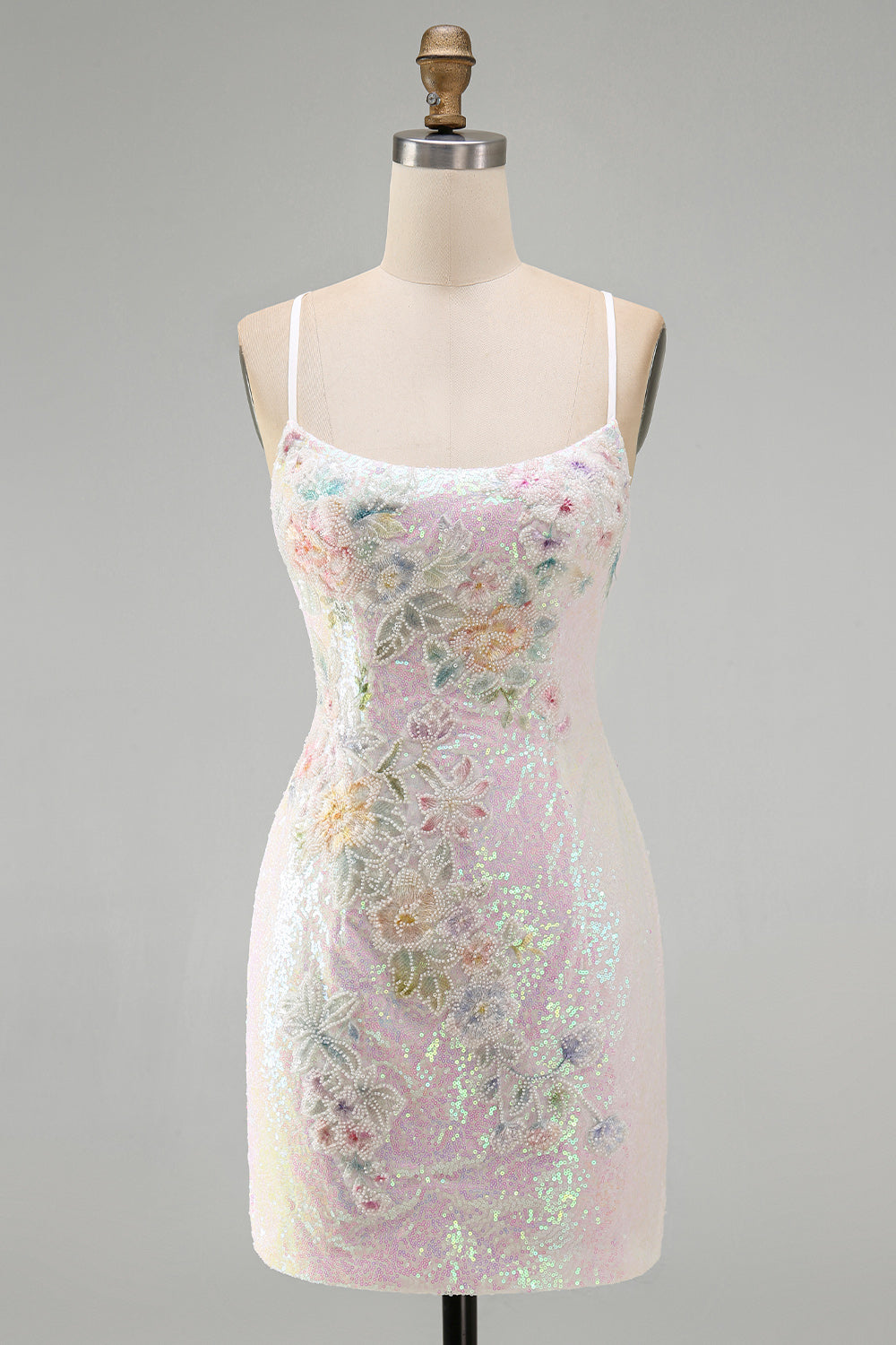 Sparkly Pink Sequins Floral Tight Scoop Neck Short Birthday Dress