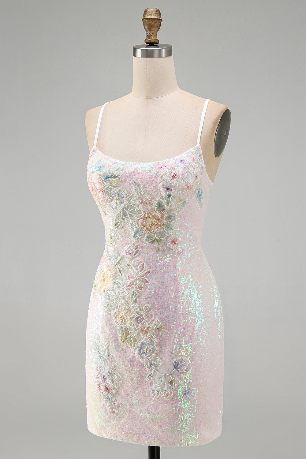 Sparkly Pink Sequins Floral Tight Scoop Neck Short Birthday Dress