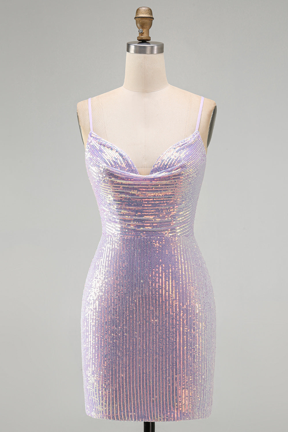 Lilac Tight Sparkly Cowl Short Sequin Birthday Dress