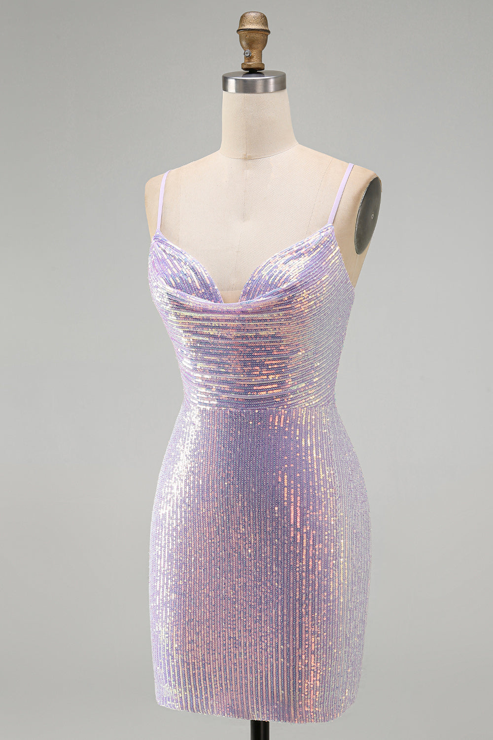 Lilac Tight Sparkly Cowl Short Sequin Birthday Dress