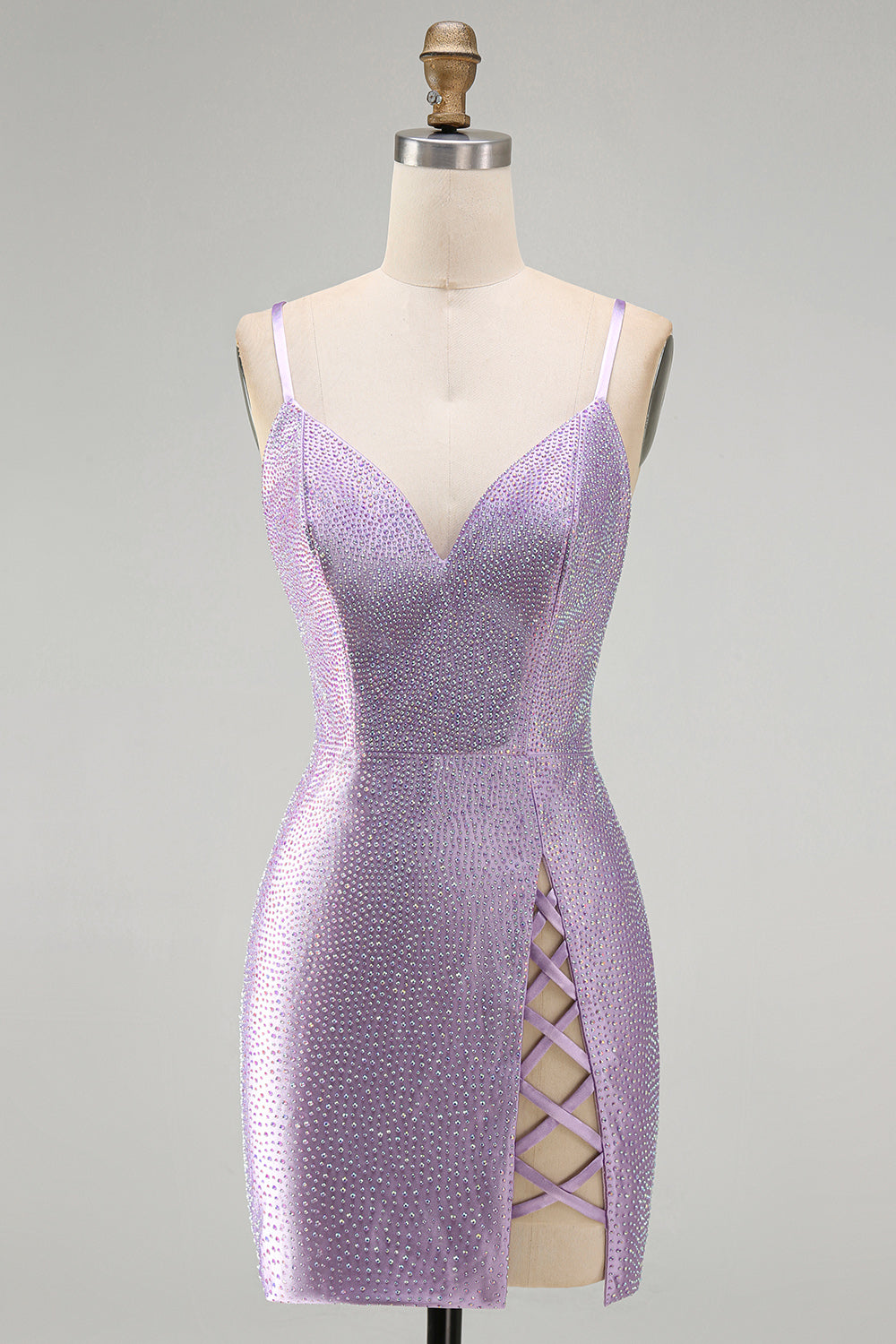 Sparkly Lilac Tight V-Neck Short Beaded Birthday Dress with Slit