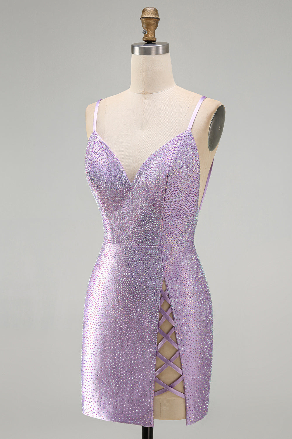 Sparkly Lilac Tight V-Neck Short Beaded Birthday Dress with Slit