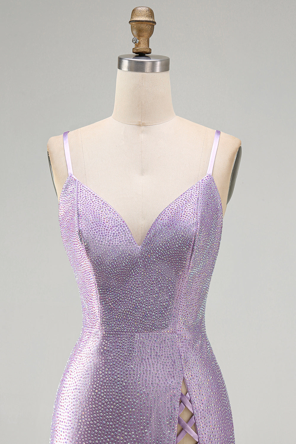 Sparkly Lilac Tight V-Neck Short Beaded Birthday Dress with Slit