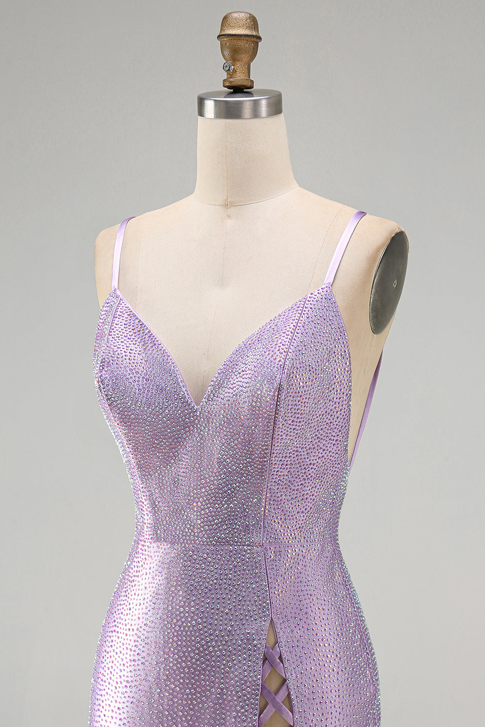 Sparkly Lilac Tight V-Neck Short Beaded Birthday Dress with Slit