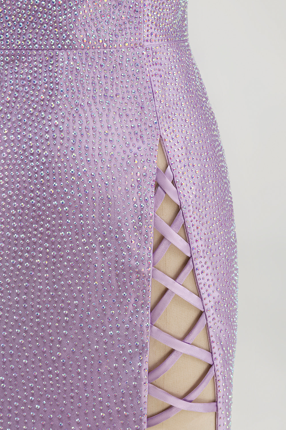 Sparkly Lilac Tight V-Neck Short Beaded Birthday Dress with Slit
