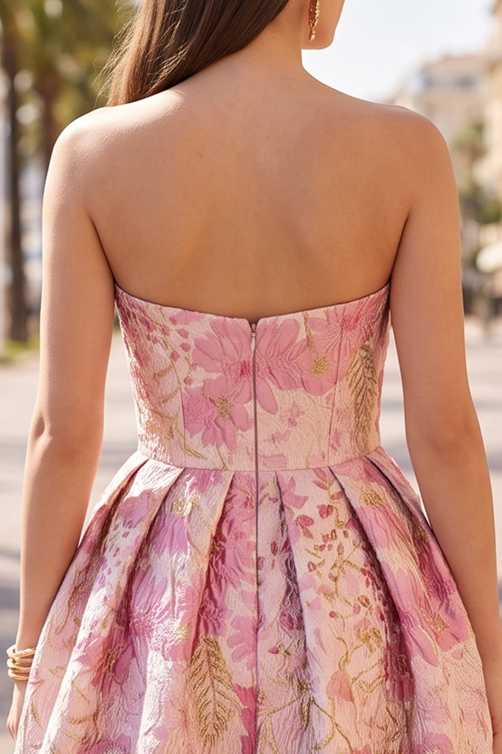 Pink Floral A Line Strapless Short Birthday Dress with Pocket