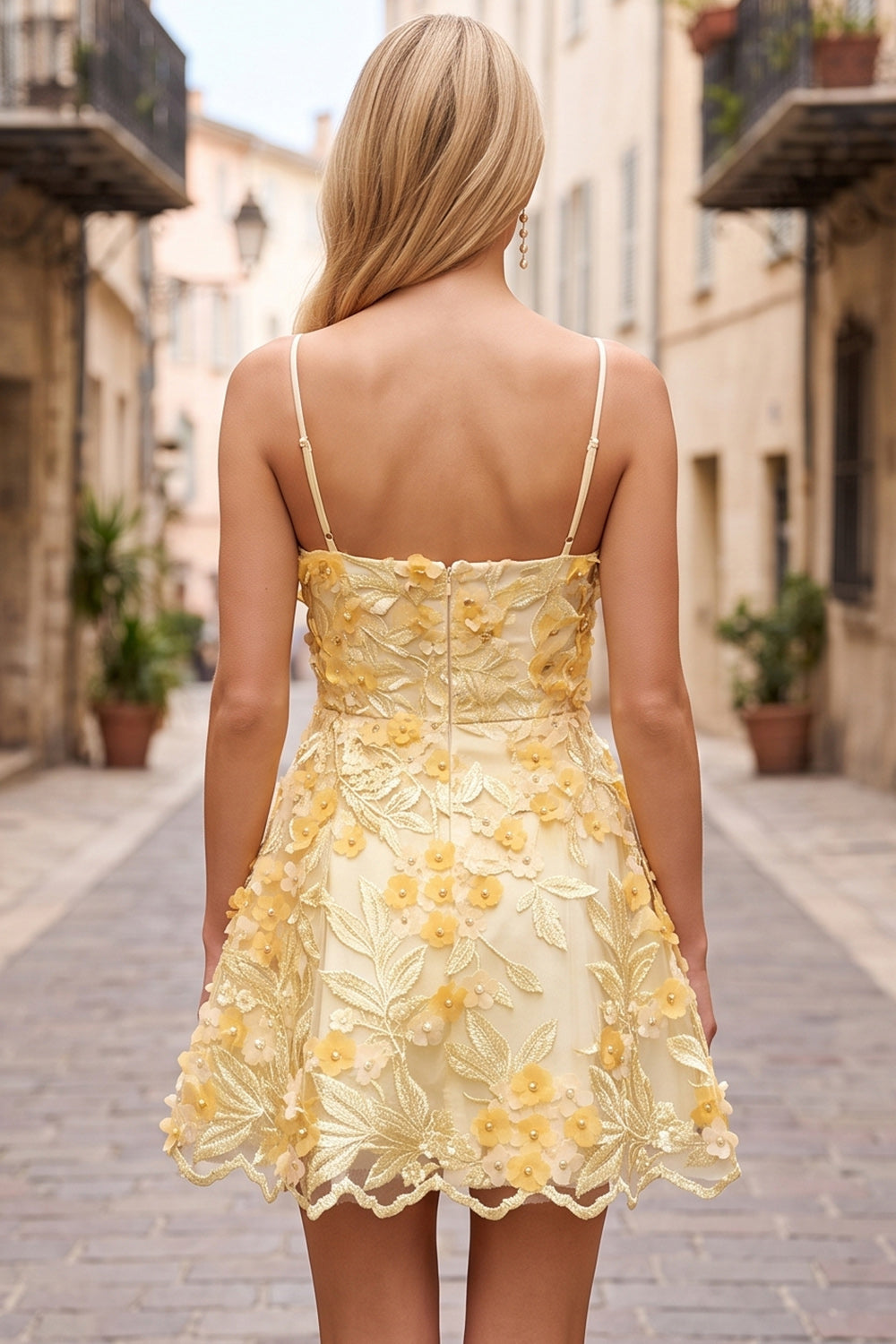 Yellow Floral A Line Short Birthday Dress with Pearls