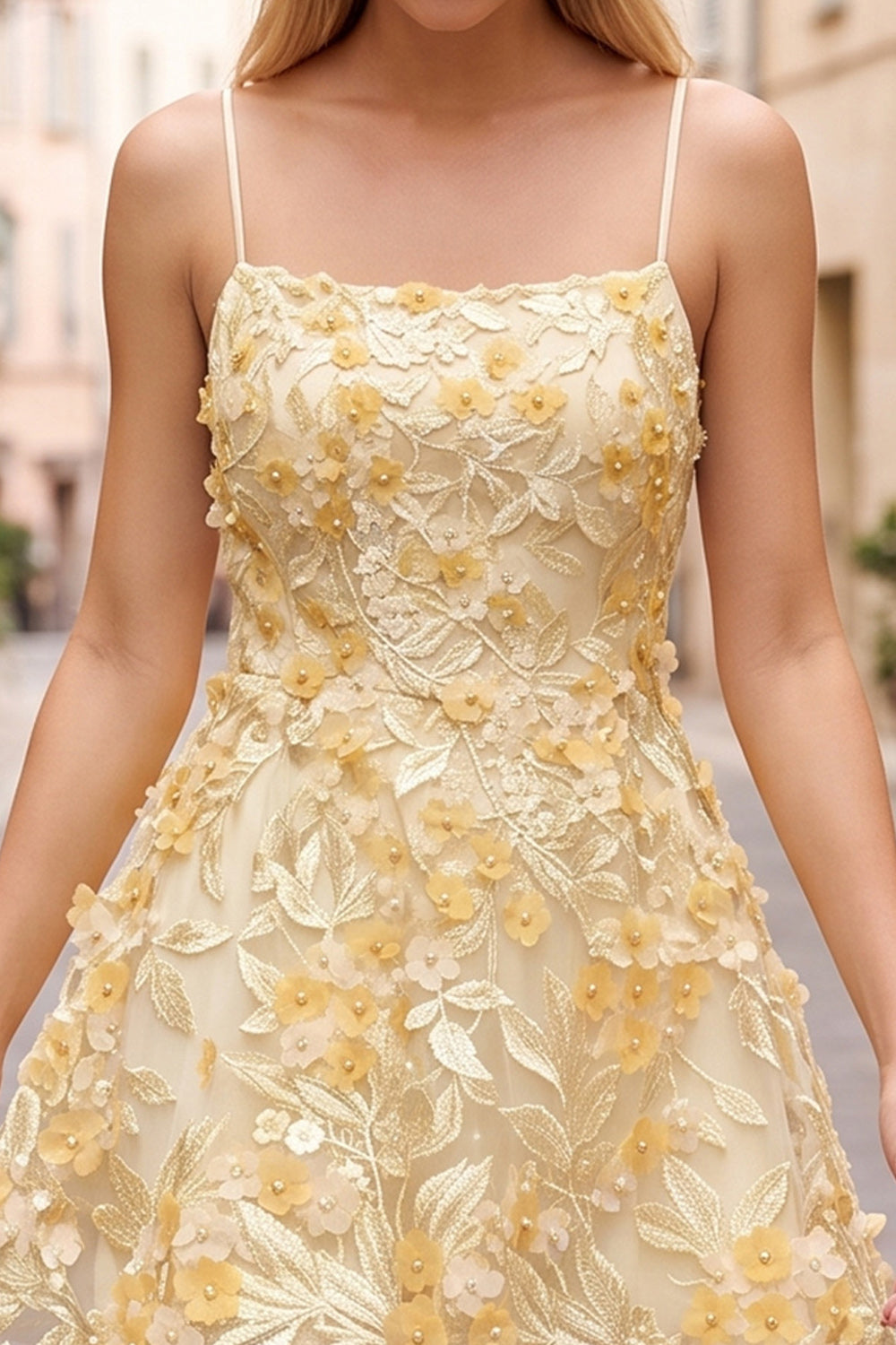 Yellow Floral A Line Short Birthday Dress with Pearls