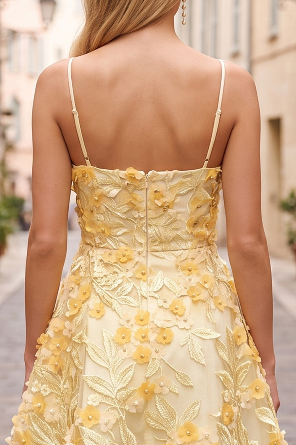Yellow Floral A Line Short Birthday Dress with Pearls