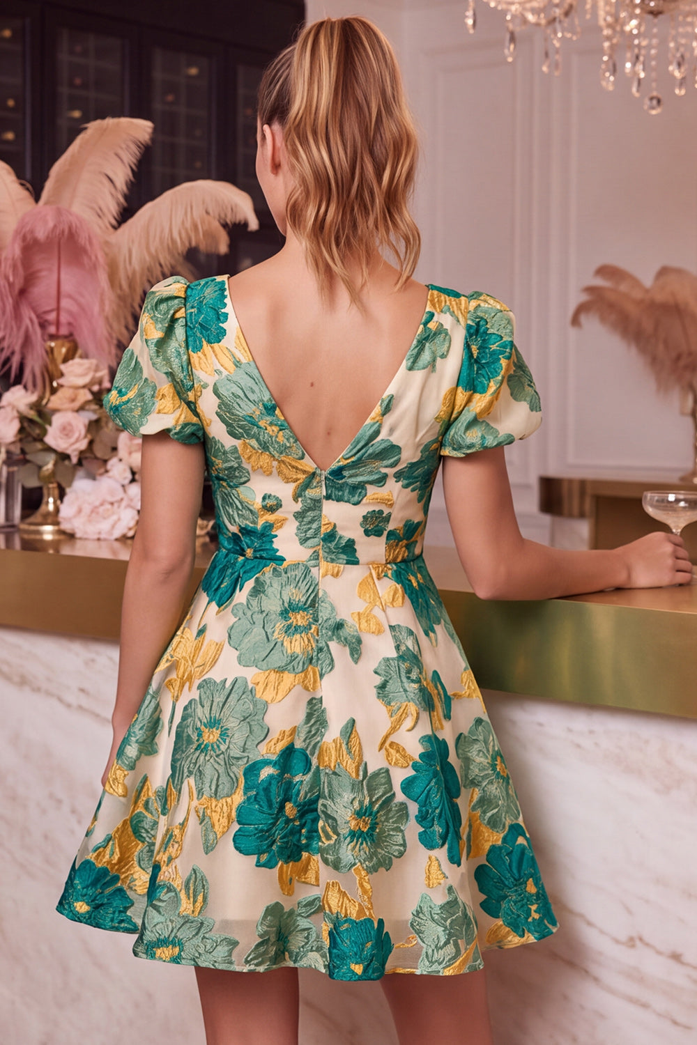 Green Floral A Line Short V-Neck Birthday Dress