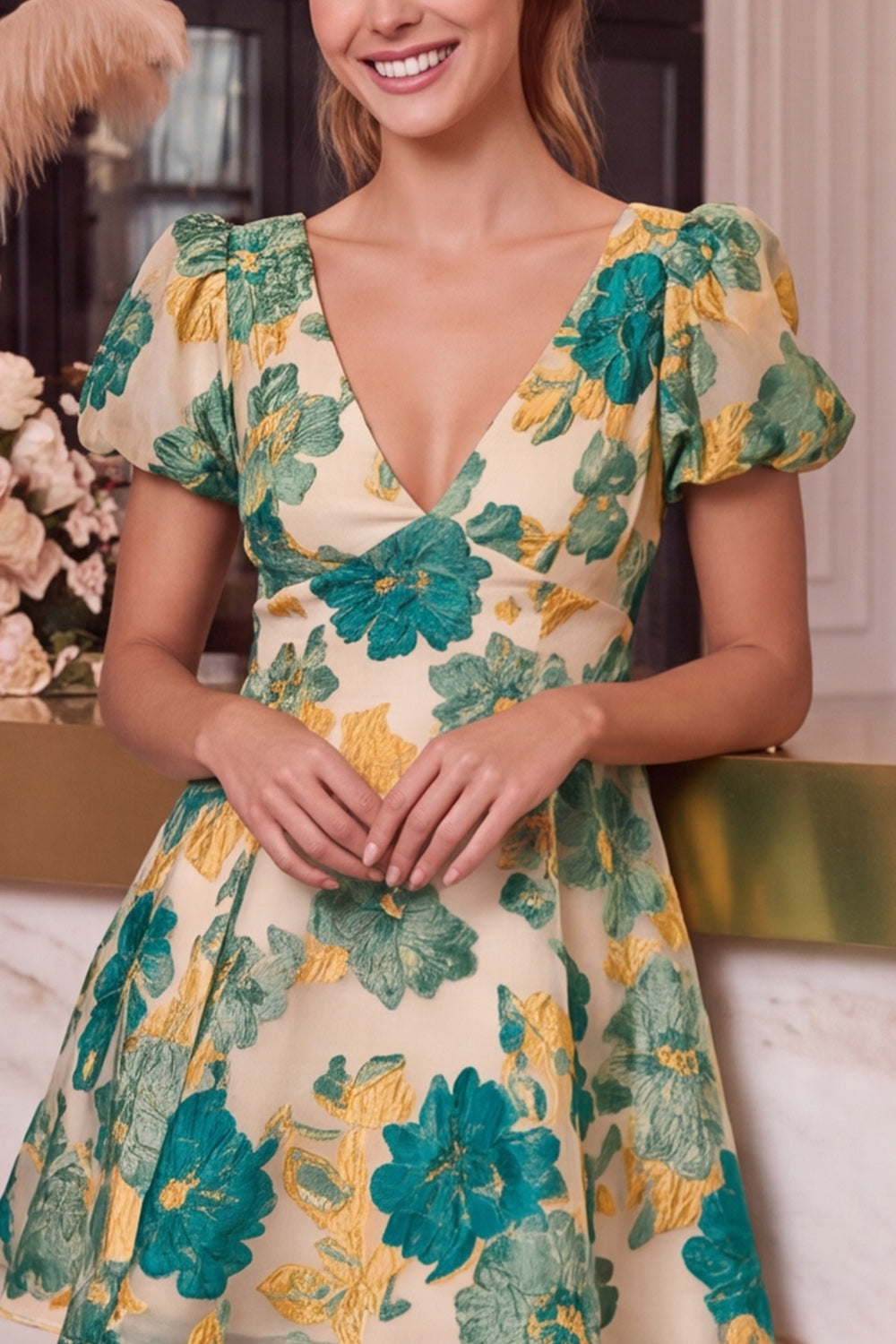 Green Floral A Line Short V-Neck Birthday Dress
