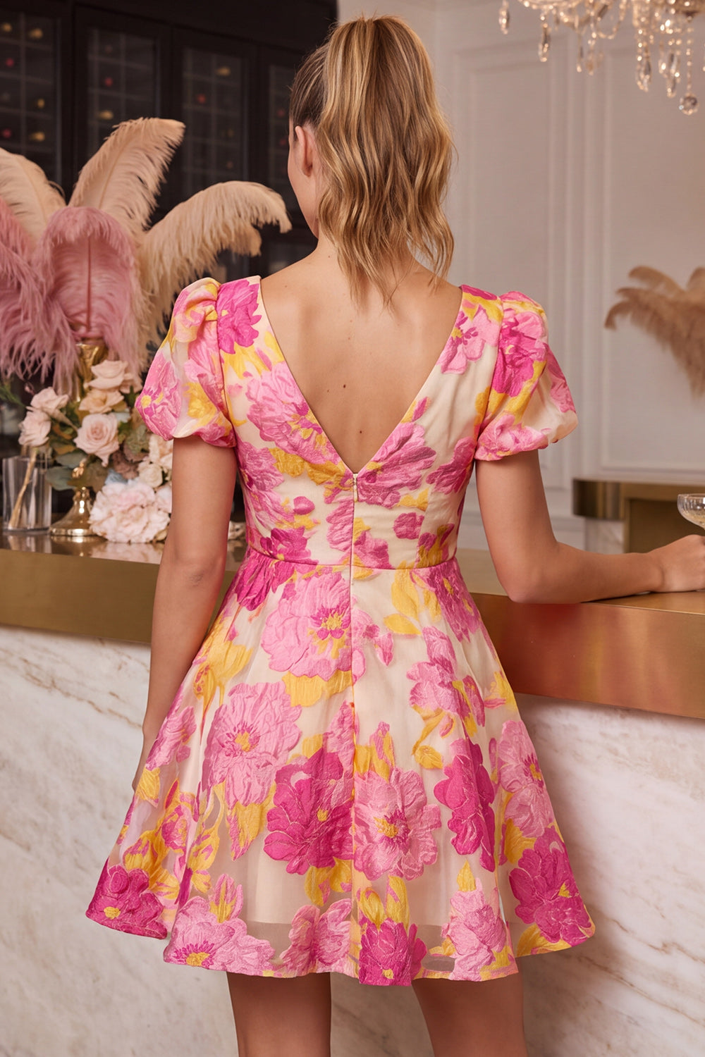 Green Floral A Line Short V-Neck Birthday Dress