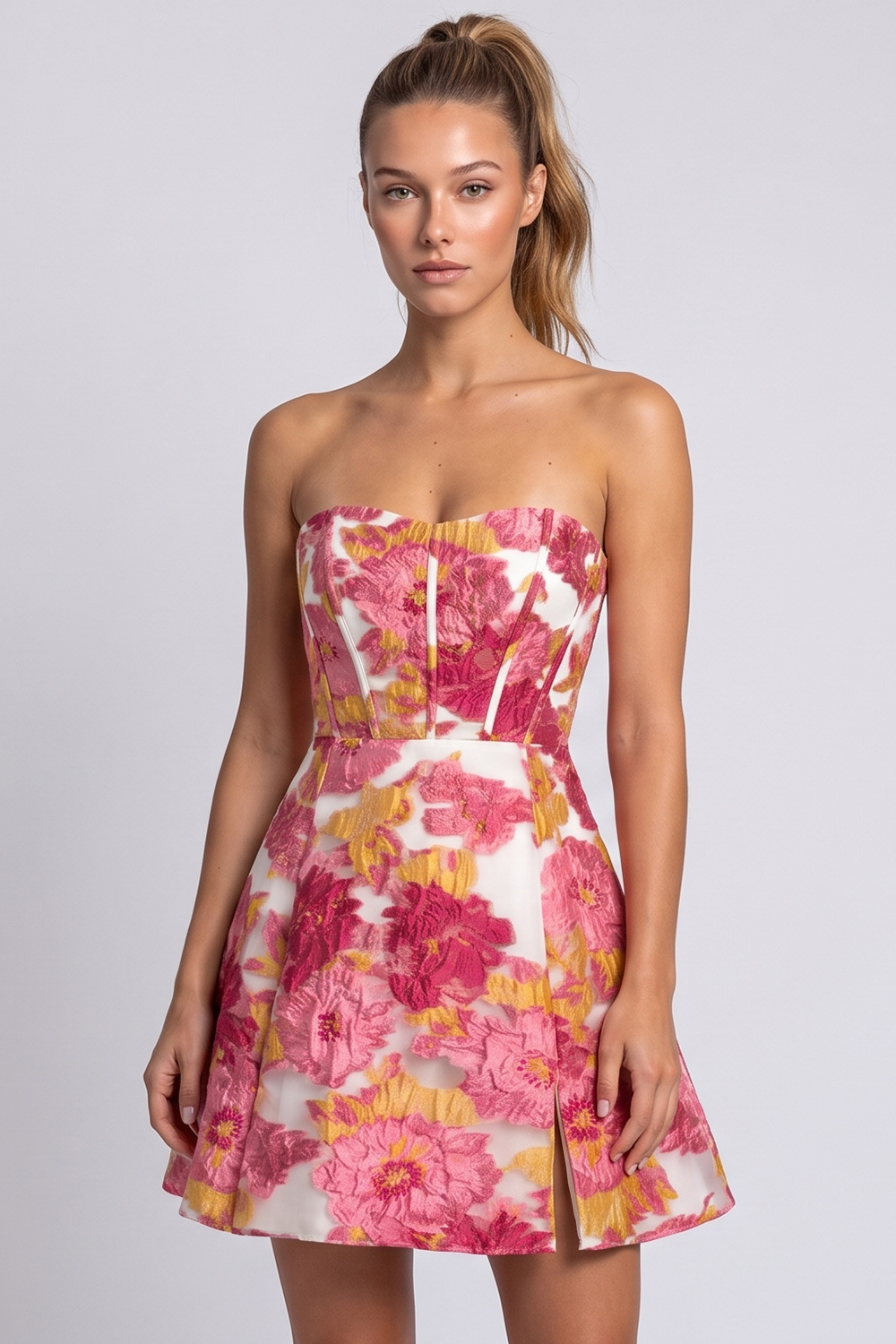 Green Floral Corset A Line Short Birthday Dress with Slit