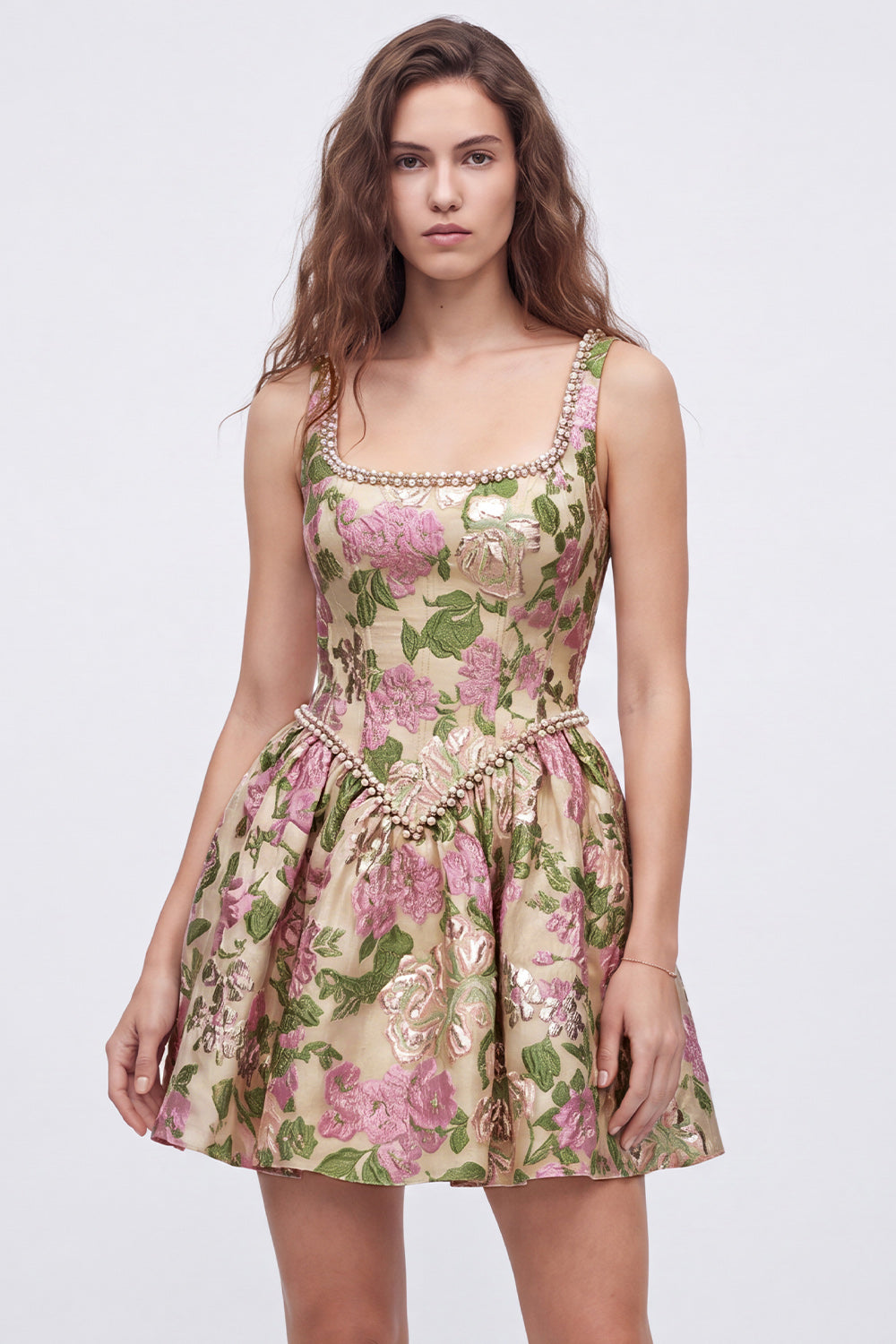 Champagne Square Neck Beaded Floral Short Corset Birthday Dress