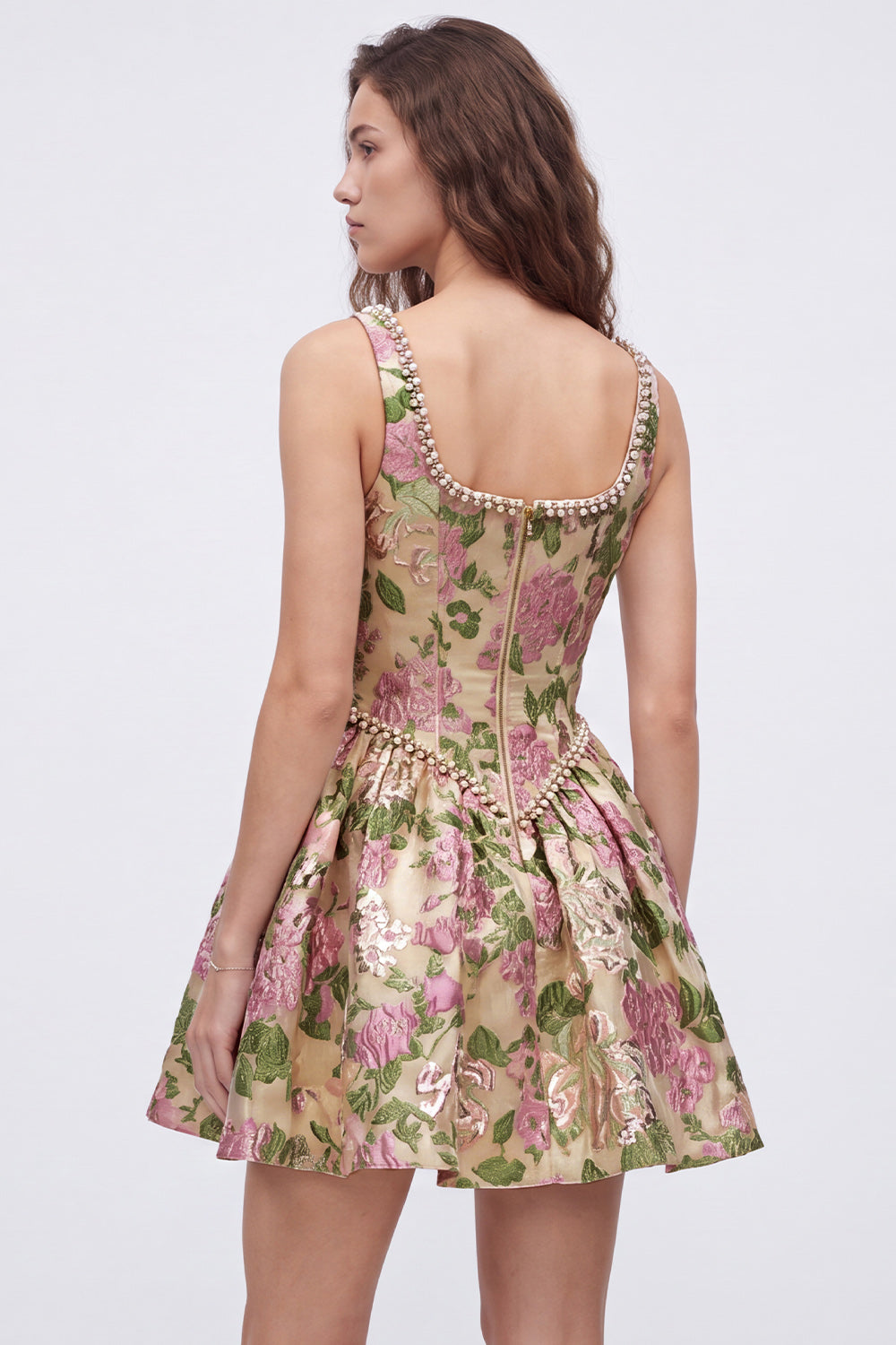 Champagne Square Neck Beaded Floral Short Corset Birthday Dress