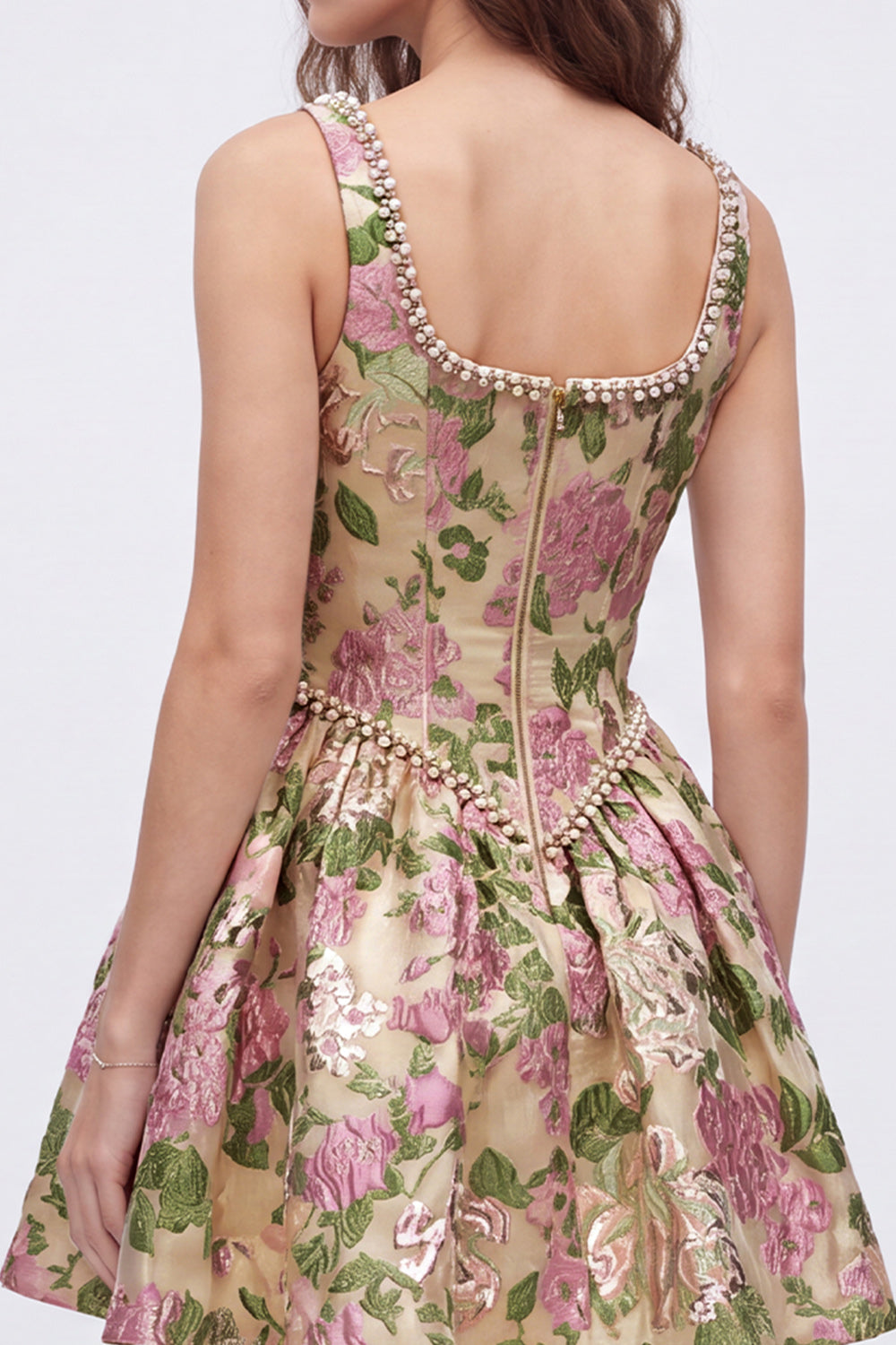 Champagne Square Neck Beaded Floral Short Corset Birthday Dress