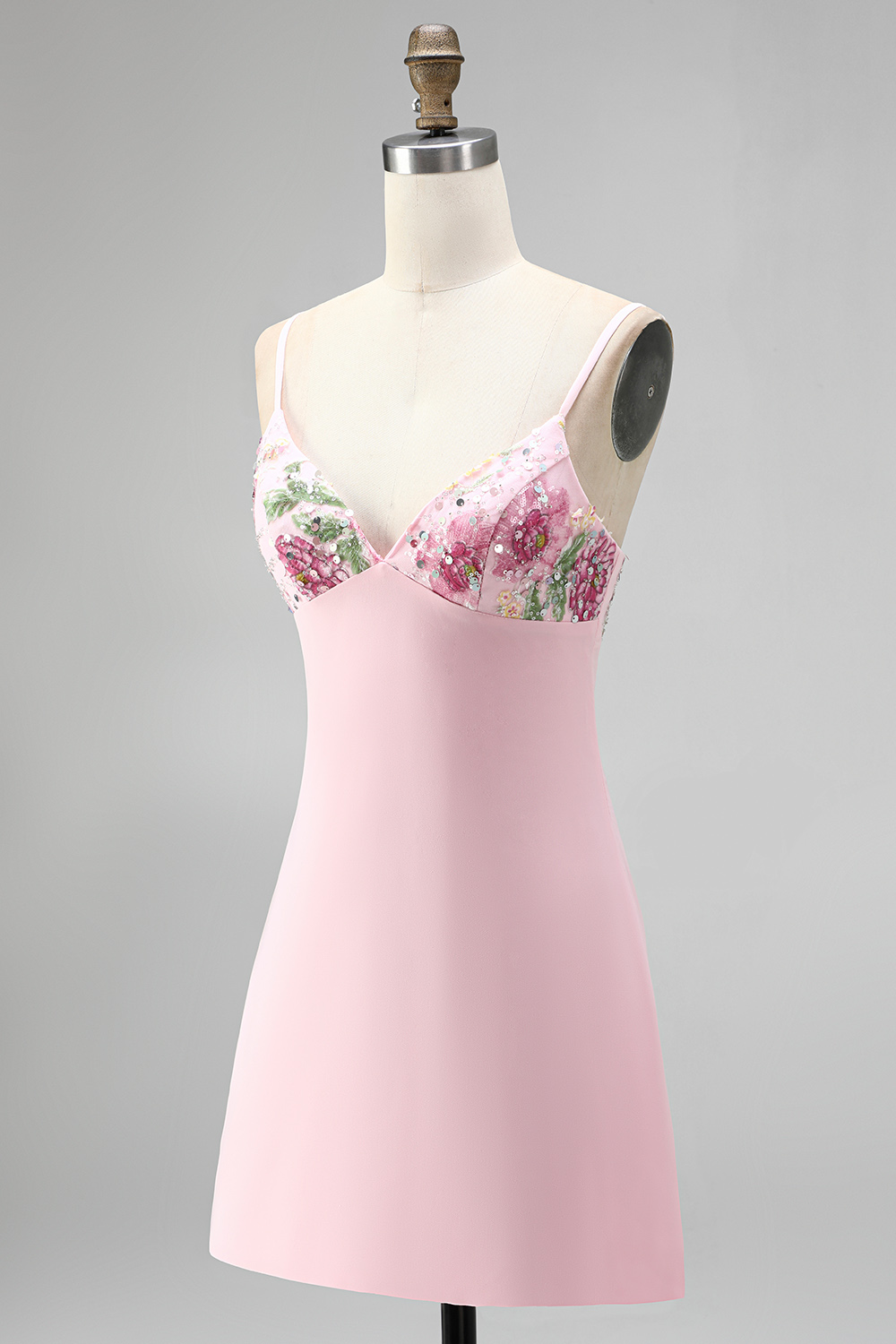 Pink Floral Spaghetti Straps Short Sequin Birthday Dress