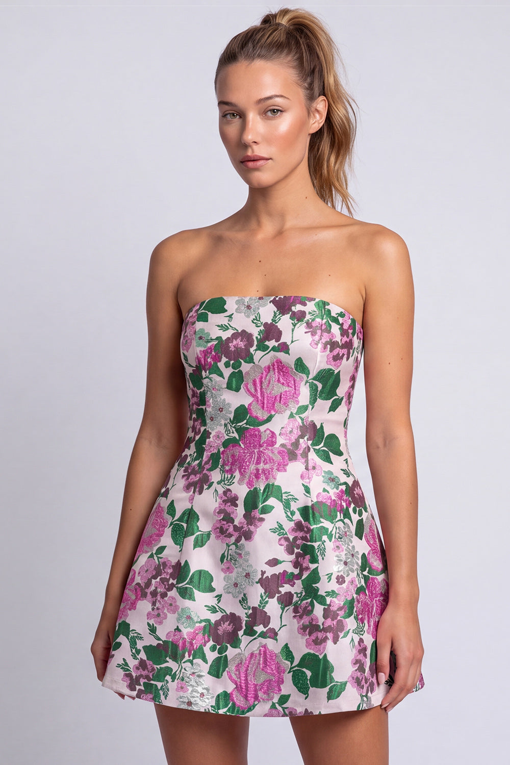 Berlinnova Women A Line Short Fuchsia Flower Birthday Dress Strapless Jacquard Homecoming Dress