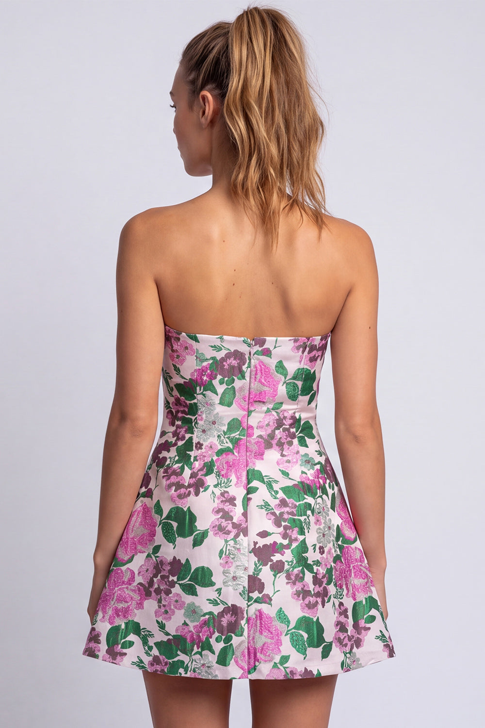 Light Blue Floral A Line Strapless Short Homecoming Dress