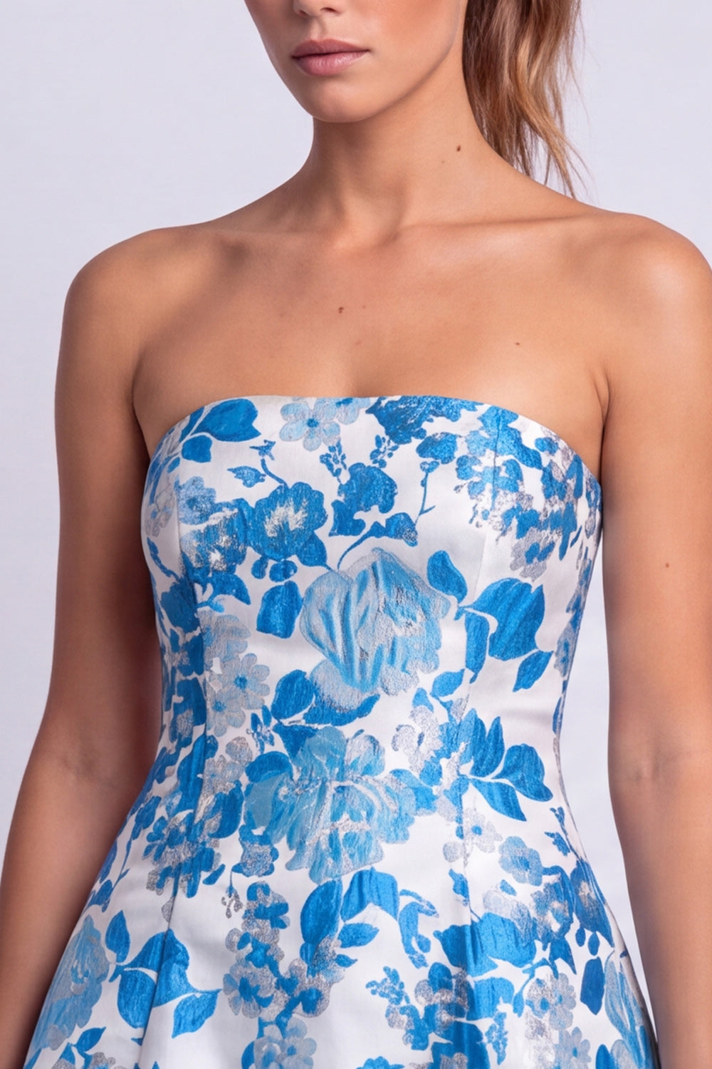 Light Blue Floral A Line Strapless Short Homecoming Dress