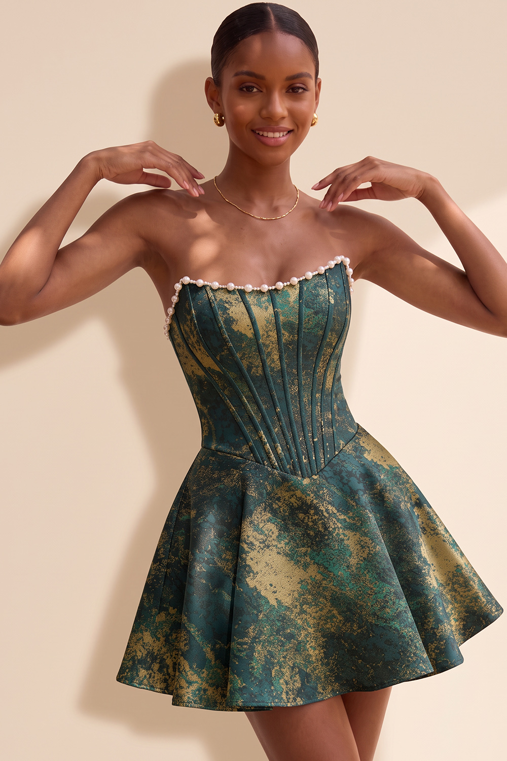 Light Green Short Strapless Jacquard Corset Birthday Dress with Pearls