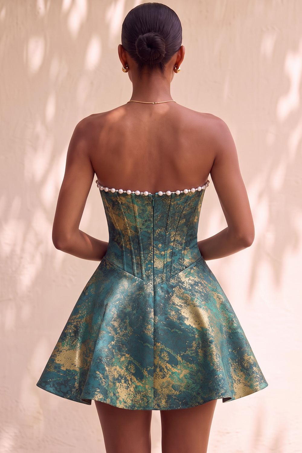 Light Green Short Strapless Jacquard Corset Birthday Dress with Pearls