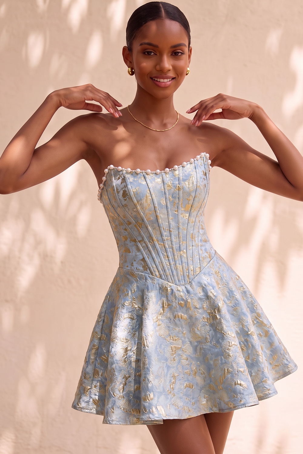 Berlinnova Women Light Blue Corset Short Floral Homecoming Dress with Pearls Jacquard A-Line Strapless Cocktail Dress