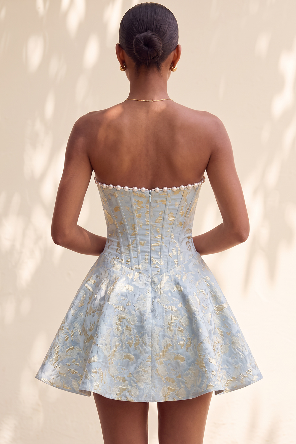 Light Green Short Strapless Jacquard Corset Birthday Dress with Pearls
