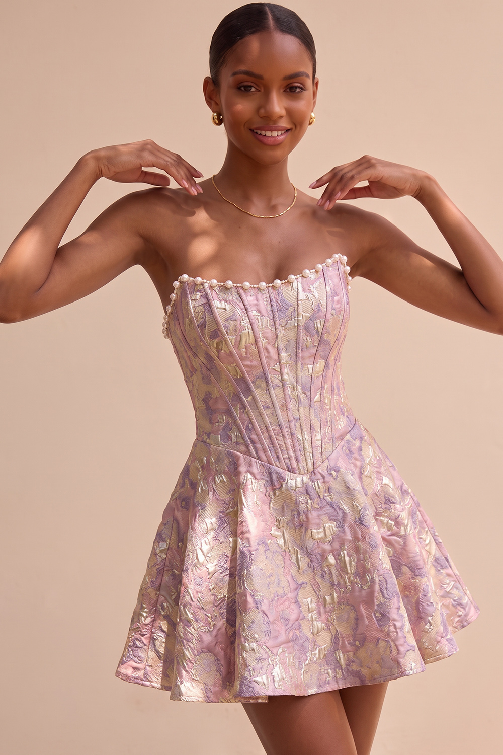 Light Green Short Strapless Jacquard Corset Birthday Dress with Pearls